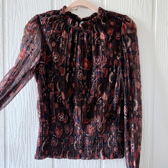 Joie Boho Floral Metallic Smocked Cropped Peasant Top Sheer Sleeves Brown Large - Picture 2 of 7